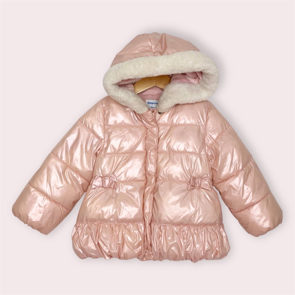 Mayoral Puffer Jacket Pink Hooded Faux Fur Trim Bow Accent Size 36 Months